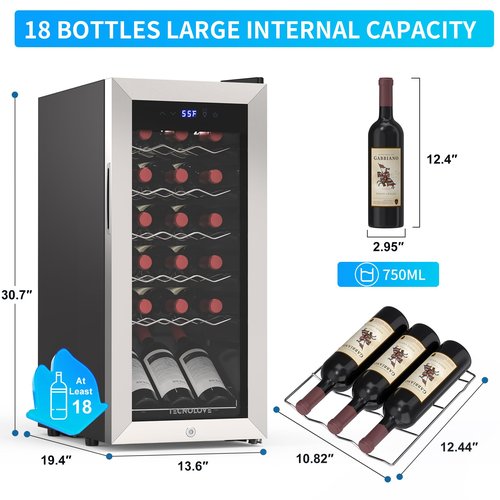 Tecnolove 18 Bottle Wine Cooler with 41-68℉ Digital Temperature Control Stainless Steel 1.7 Cu.Ft LED Light undercounter Glass Door Compressor Small Compact for Red, White and Champagne Beer