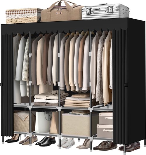 LOKEME Wardrobe Closet，Black Portable Closet with Zippers，65.4Inches 19mm Diameter，Portable Closets for Hanging Clothes，with 4 booms and Storage cabinets，Spacious Large -Capacity Storage Space