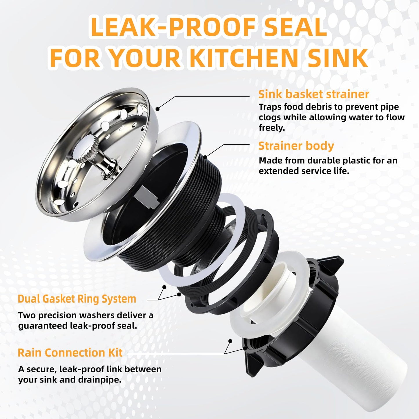 Kitchen Sink Drain Assembly, Stainless Steel Basket Strainer with Knob, 3-1/2 Inch Sink Drain Stopper Plug, Threaded Plastic Sink Strainer Tailpiece 1-1/2 in