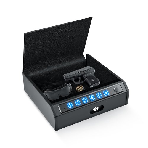 ADIMO Biometric Pistol Safe, Compact Fingerprint Gun Lock Box with Fast Access Keypad & Keys, Quiet Mode, Soft Foam Interior, Childproof and Secure for Home or Bedroom Use