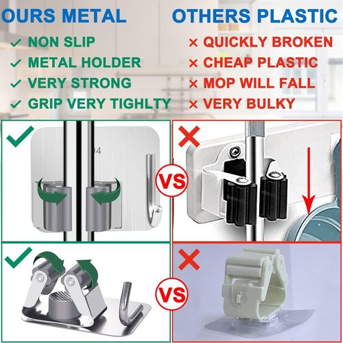 Broom Holder Self Adhesive No Drill Wall Mount Mop Broom Organizer with Hook Heavy Duty Stainless Steel Garden Tool Organizer Garage Storage and Organization Hanger (Silver + Grey)