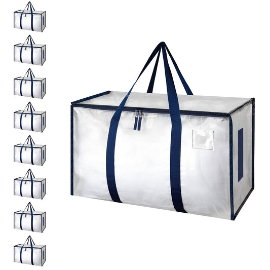 Simple Deluxe 8 Pack Heavy Duty Moving Bags with Reinforced Zippers & Comfortable Handles, Extra Large Foldable Storage Totes for Clothes, College Dorm, White