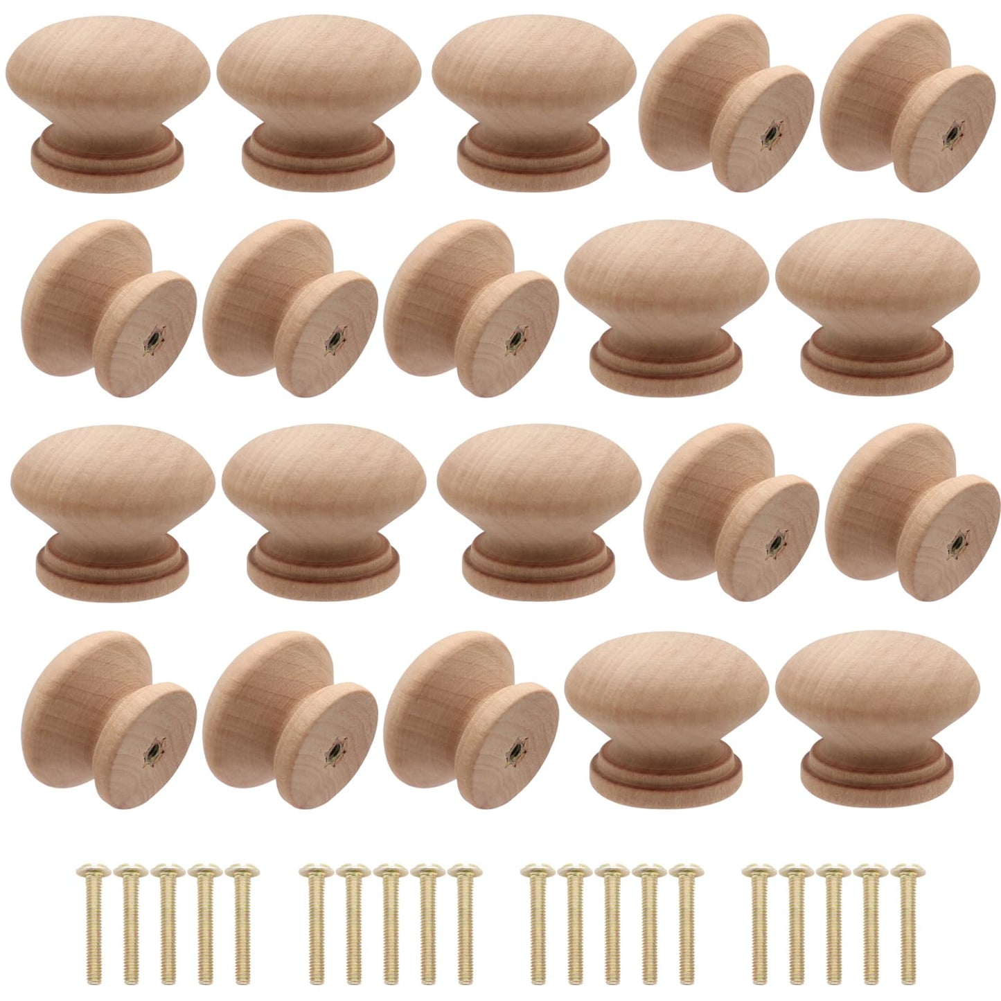 Cangder 20Pcs Wooden Cabinet Knobs Unfinished Wood Knobs for Dresser Mushroom Drawer Knobs Pulls Handles (1.3" Dia., 1" Height, with Screws)