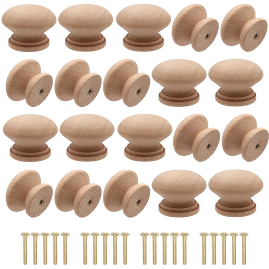 Cangder 20Pcs Wooden Cabinet Knobs Unfinished Wood Knobs for Dresser Mushroom Drawer Knobs Pulls Handles (1.3" Dia., 1" Height, with Screws)