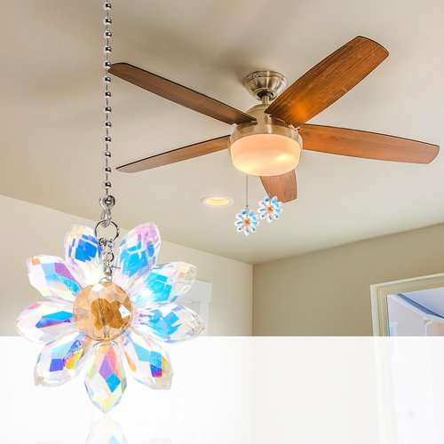 EXEXIUO 2Pcs Ceiling Fan Pull Chain,1.8" Crystal Glass Flower Pendants with 24" Ceiling Fan Chain Extender and Connector with Connector for Bathroom Toilet Light, Ceiling Light, Fan