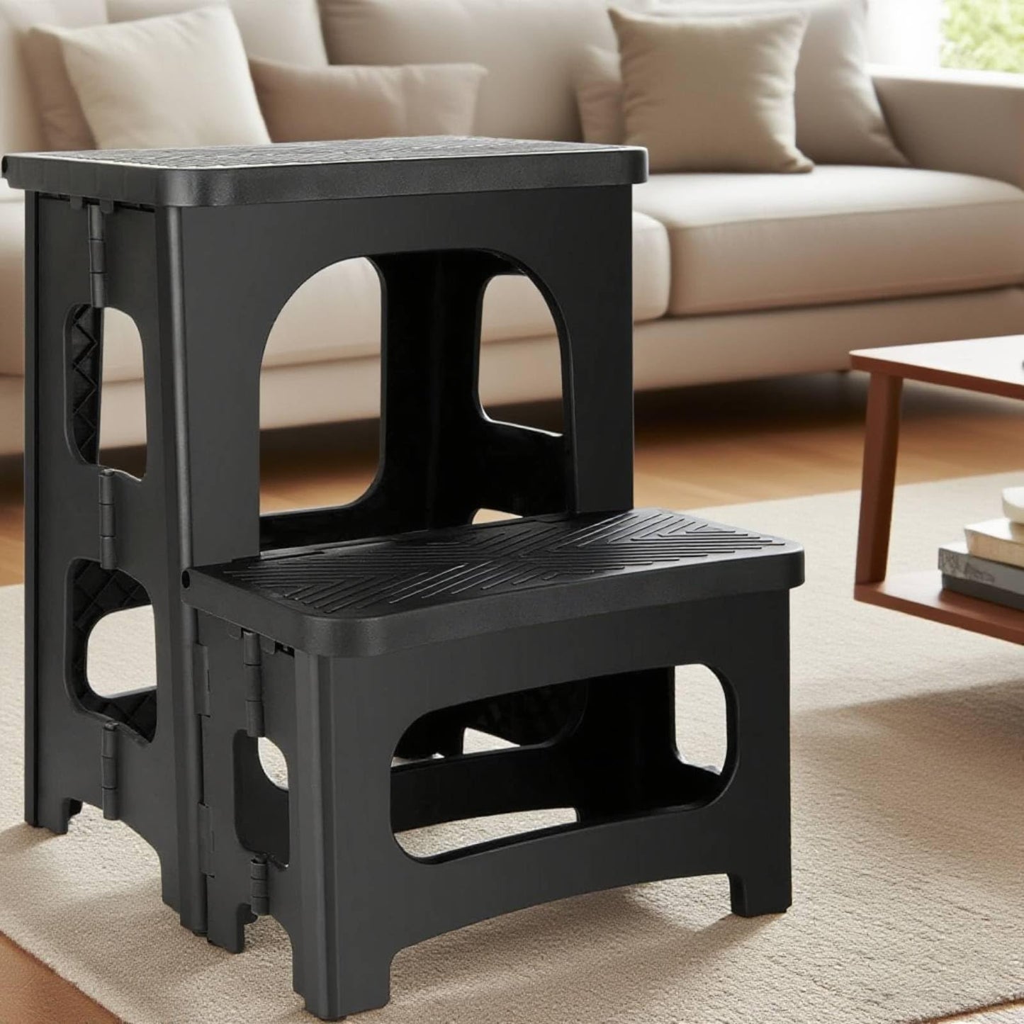 2-Step Folding Stool, Non-Slip Collapsible Step Stools, Bedside Stepstools, Portable Bedside Step Stool, Hold up to 300 lbs, Lightweight & Foldable Step Ladder for Kitchen Toilet Office Home RV-Black