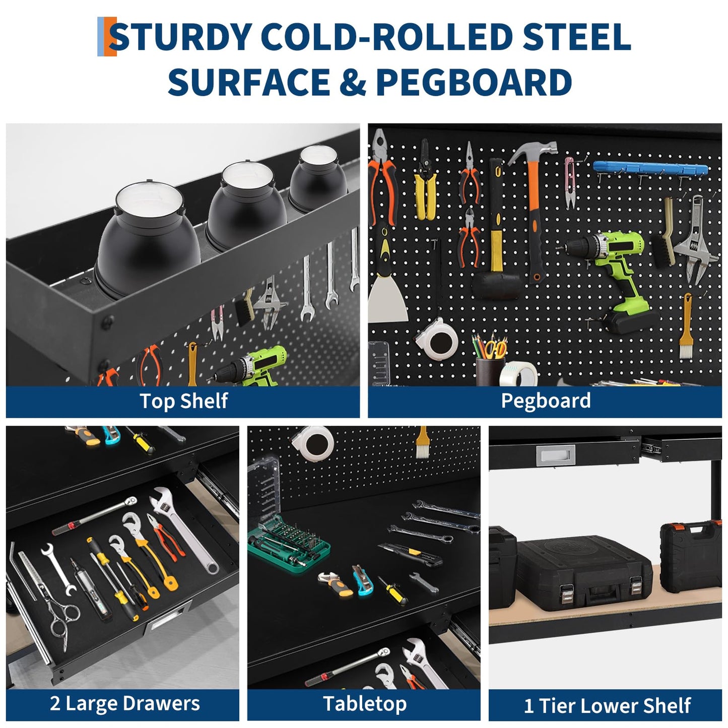 TrailBlaze 48.99"x 22.99" Workbench with 2 Drawers, 2-Tier Heavy Duty Workstation with Power Outlet, Pegboard and Shelf, Metal Tool Multifunctional Workbench for Garage Workshop