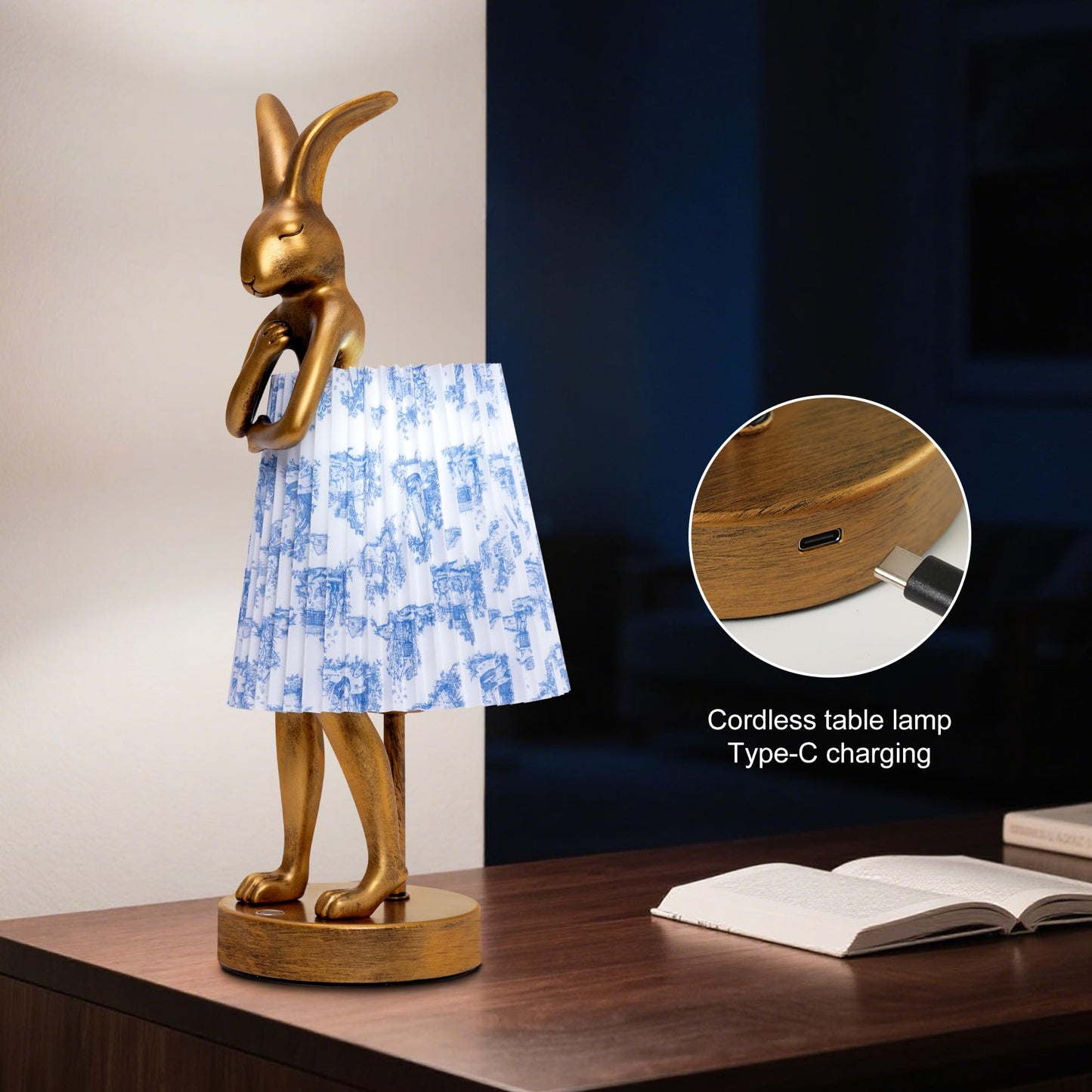 ZenithLight Rabbit Table Lamp Rechargeable, Cordless LED with Linen Shade and Gold Resin Base, Touch Dimmable Wireless Lamp for Bedroom Nightstand Kids Room Nursery Living Room - Pattern