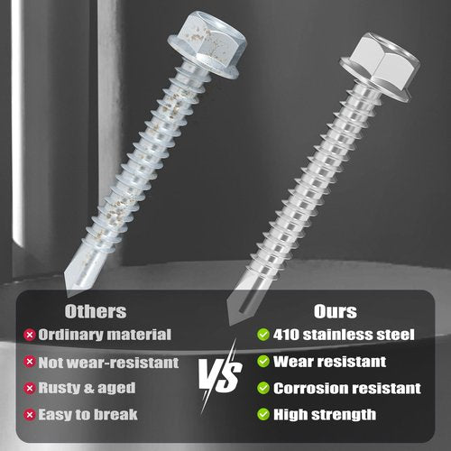 VGBUY 150Pcs Self Drilling Screws Assortment Kit, 410 Stainless Steel Self Tapping Sheet Metal TEK Screws, #8 1/2" 3/4" #10 1" 1-1/2", Hex Washer Head