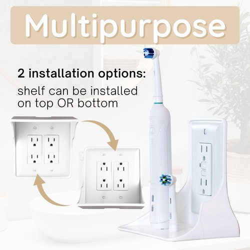 Storage Theory Power Perch Double Outlet Shelf with Cord Storage Strap – Wall Shelf for Echo Dot, Electric Toothbrush, Phone – Bedroom & Bathroom Organizer (White, 1-Pack)