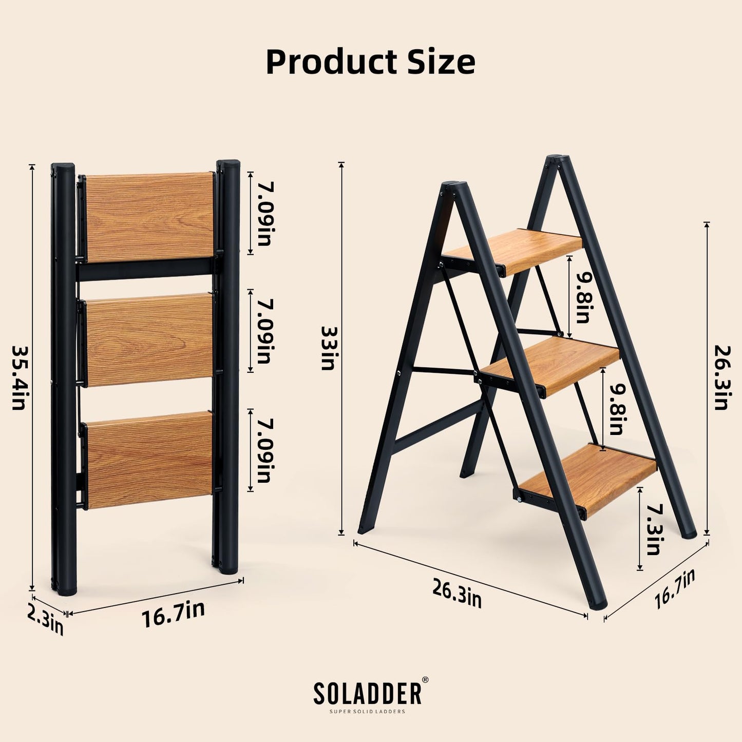 SOLADDER 3 Step Ladder, Anti-Slip and Lightweight Foldable Step Ladder for Adults & Kids to Use in Kitchen,Closet and Library,300lbs(Black+Woodgrain)