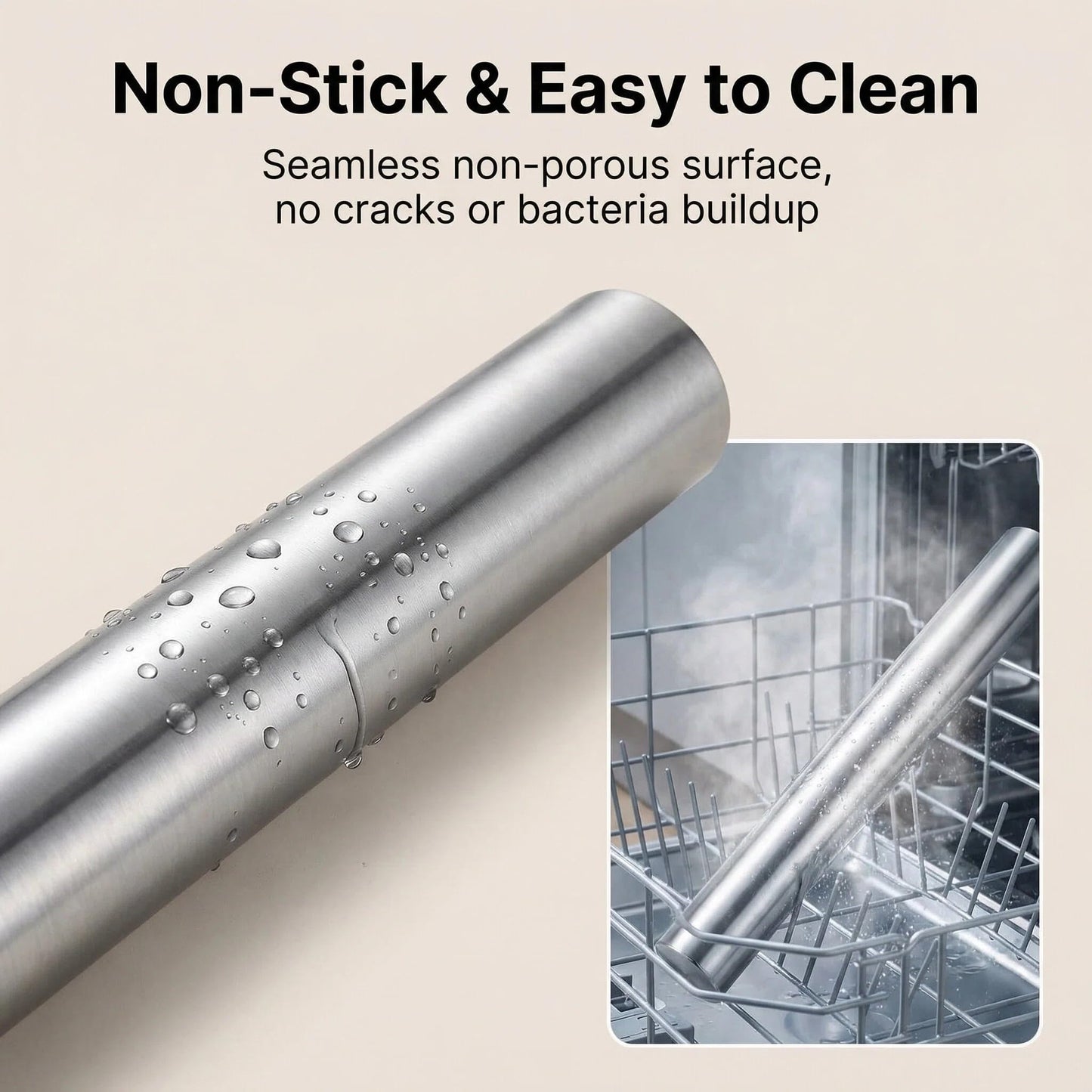 Stainless Steel Hollow Rolling Pin - Professional Metal Dough Roller for Baking Pizza, Pie, Cookies, Dumplings - Non-Stick & Dishwasher Safe