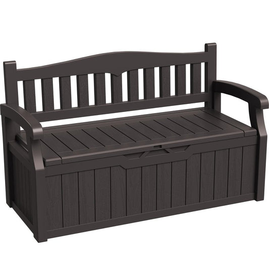 Greesum 80 Gallon Storage Bench Outdoor Deck Box with Armrest, Patio Furniture,Lockable, Waterproof and UV Resistant, Suitable for Garden, Pool, Brown