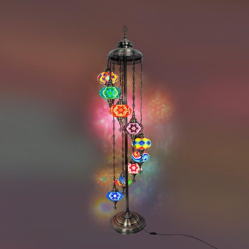 Tall Standing Lamp, Mid Century Boho Floor Lamp for Living Room, Bedroom, or Nightstand - Unique Turkish Tiffany Style with Stained Glass, Moroccan Design, Big 7'' 9 Globe Mosaic (Mix Different)