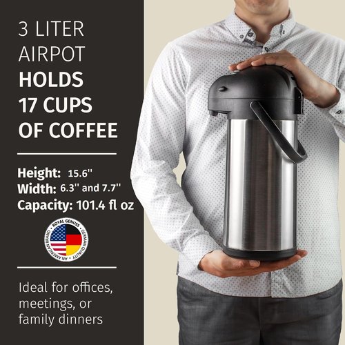 Airpot Coffee Dispenser 102 oz (3L) with Pump, Drip Tray and Cleaning Brush - Stainless Steel Insulated Carafe - 24 Hour Heat Retention - 36 Hour Cold Retention - 2 Gifts are included