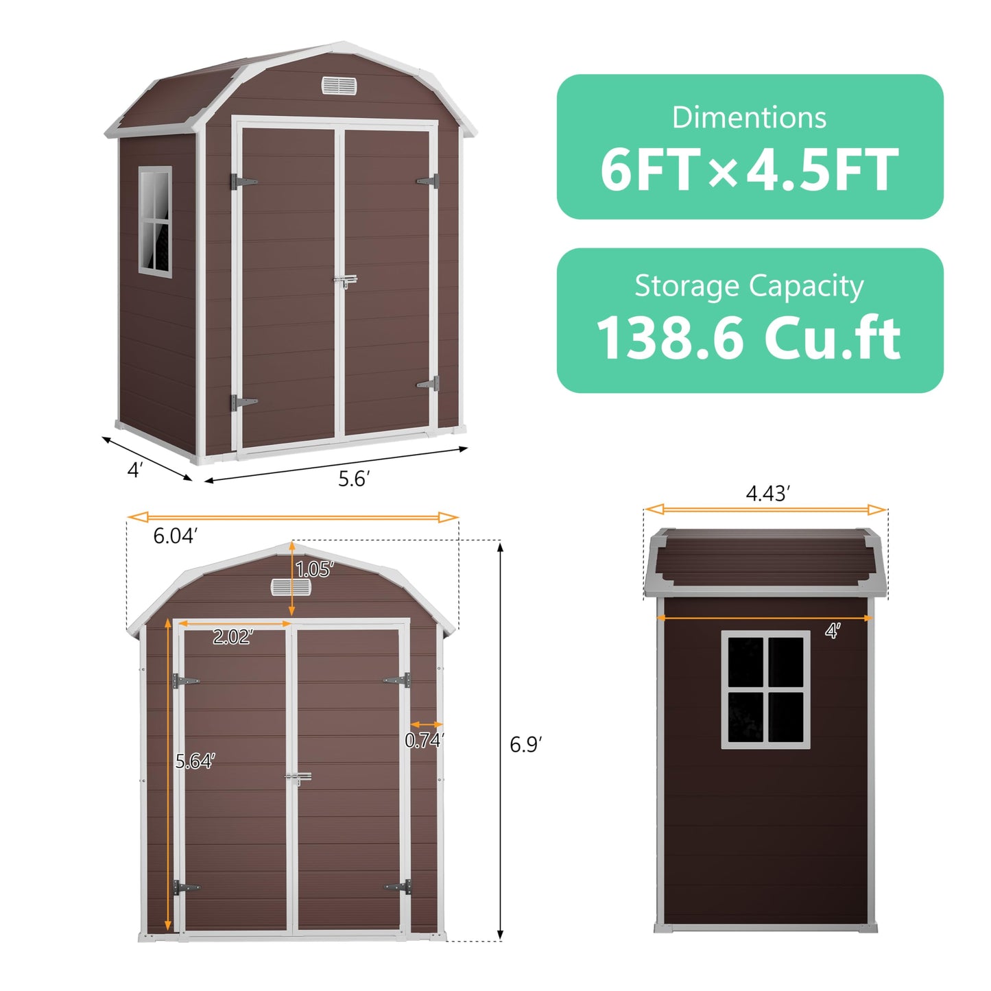 6x4.5 ft Resin Storage Shed with Floor, Outdoor Garden Shed for Backyard, Large Plastic Storage Shed with Double Doors, Weatherproof Tool Shed for Bike, Patio, Lawn