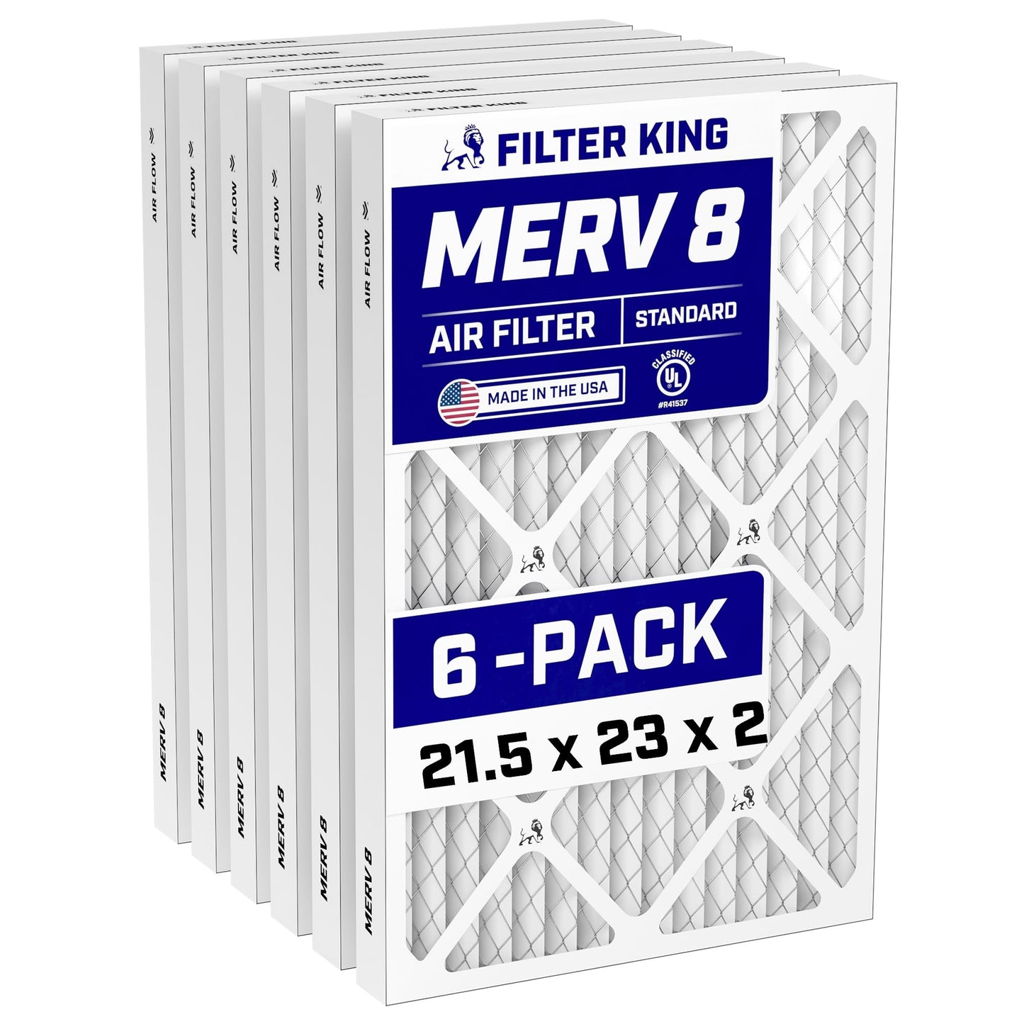 Filter King 21.5x23x2 Air Filter (MERV 8) (6-Pack) Dust & Allergy Control AC Furnace Filters, MADE IN USA, HVAC, Pleated, Electrostatic (Actual Size: 21.5 x 23 x 1.75)