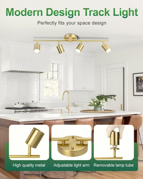 Fondiiz 4 Ways Track Lighting, Rotatable Heads Tracks Light, Track Lightings Fixtures Ceiling with Foldable Arms, Modern Gold Tracks Light for Kitchen, Living Room, Hallway(Bulbs Not Included)