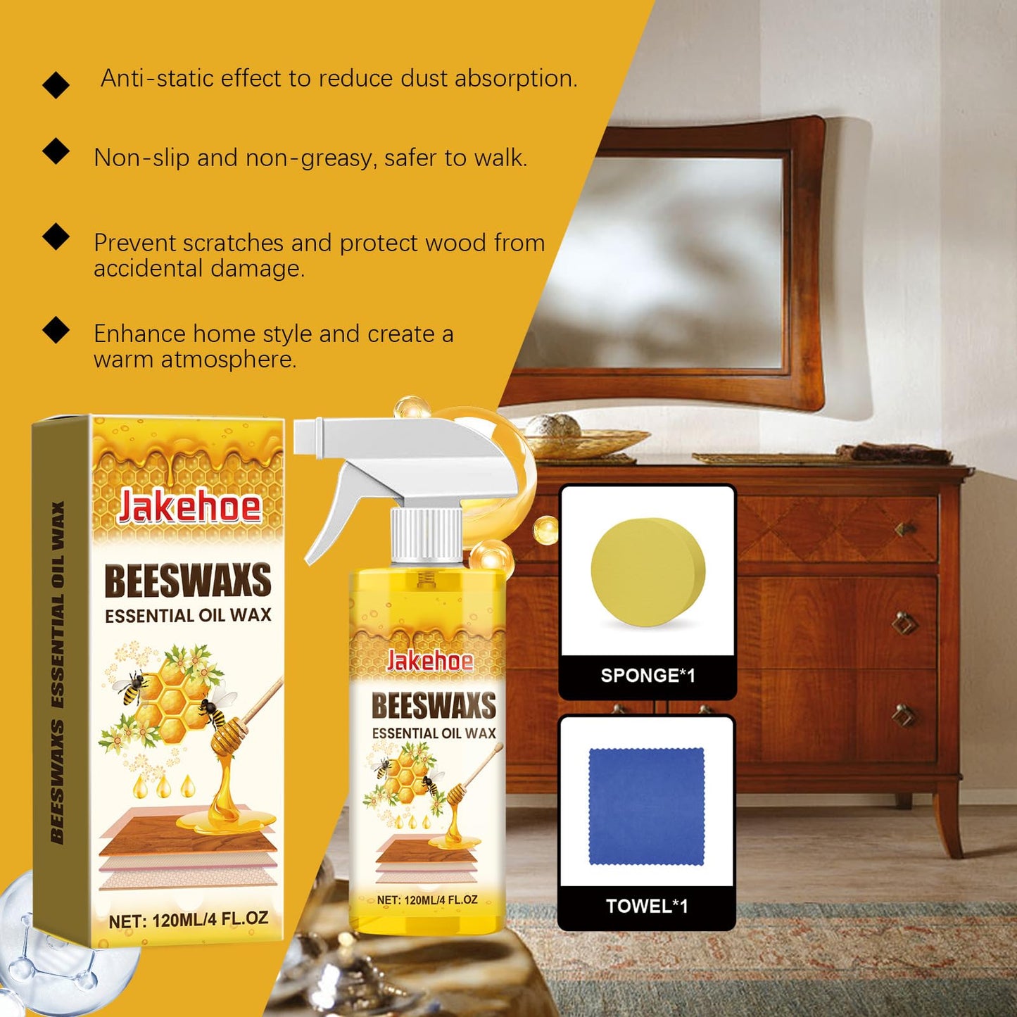 JAKEHOE Beeswax Wood Polish, Natural Beeswax Spray for Dull Furniture Care, Cleans, Polishes, Protects, Non-Greasy Wood Cleaner for Furniture, Floors (2PCS*120ML)