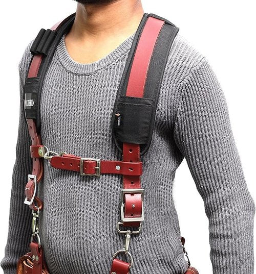 Leather Tool Belt Suspenders for Men – Adjustable Heavy Duty Work Harness with Padded Support for Construction & Electricians (Maroon)