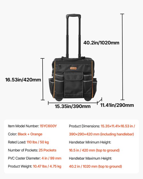 VEVOR 15" Rolling Tool Bag, 110 lbs Load Capacity, 25 Pockets Heavy Duty Roller Tool Bag on Wheels, Adjustable Telescoping Handle & Stable Base, Toolbag Organizers w/Wheels for Construction, Mechanic