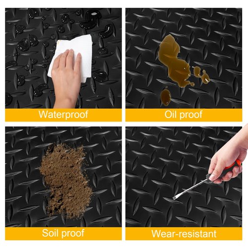 Grandroad auto 8x20 FT Garage Floor Mat, 2.8mm Thickened Flooring Roll Diamond Plate PVC Rubber Trailer Mat with 20 Pcs Tapes, Non-Slip Floor Protector Mat for Garage, Warehouse, Gyms, Trailer, Black