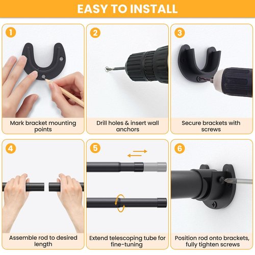 Closet Rods for Hanging Clothes, 17-50 Inch No-Cut Stepless Adjustable Closet Rod, 1.3 Inch Heavy Duty Metal Hanging Rod with Brackets for Closet, Laundry Room, RV, Wardrobes