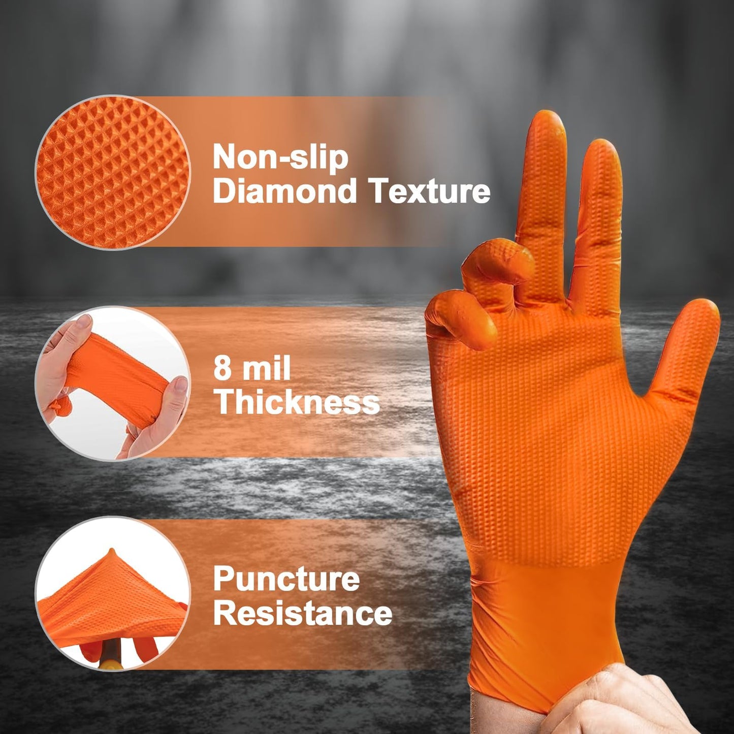 PROMEDIX P Heavy Duty Nitrile Disposable Gloves,8-mil Orange,Raised Diamond Texture Work Gloves，Industrial Work gloves (8mil Orange Box of 50, Small)