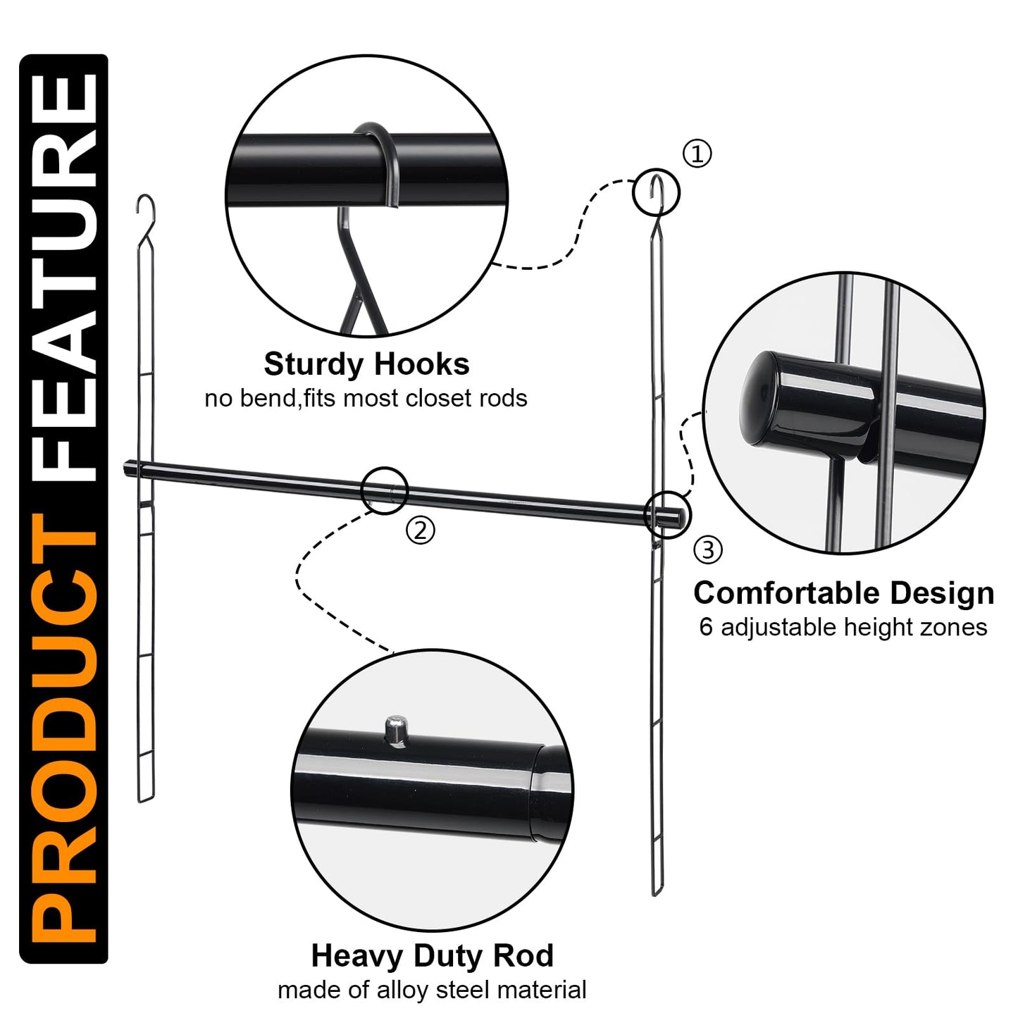 Closet Hanging Rod, 47.2in Wide Extension Closet Hanging Organizer, 6 Height Adjustable Hanging Closet Rods, Space Saving Heavy Duty Closet Rod for Hanging clothes and Towel up to 33.8 in long, Black