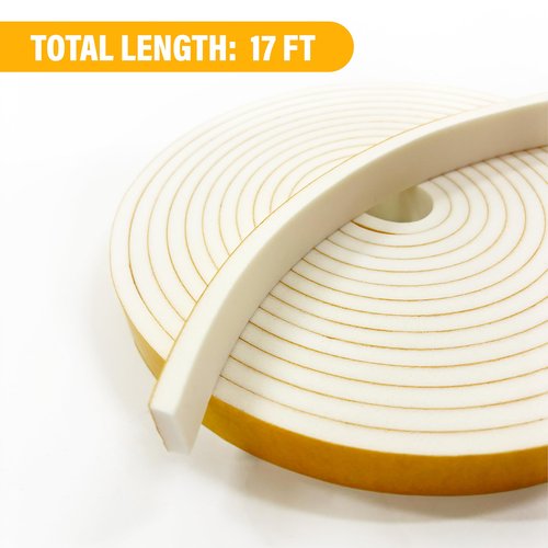 Weather Stripping Foam Tape, 17 Ft Door Seal Strip, EVA Material, High Density 1/4" Thick, No Residue Adhesive, Weatherproof Door Seal Strip for Sliding Door, Windows, White (3/8" Wide)