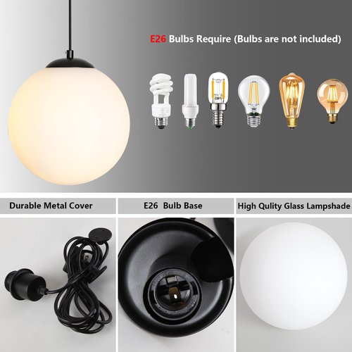 MASIVEL Glass Globe Pendant Light Plug in Modern Mid Century Ceiling Hanging Light Black 10" Globe Chandelier Hanging Cord with Dimmable Switch for Bedroom Kitchen Dining Room 1 Light