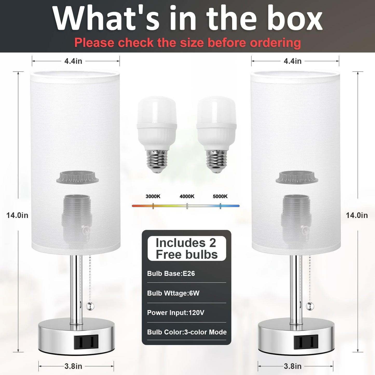 Fenmzee White Silver Bedside Table Lamps Set of 2-3 Color Temperatures Pull Chain Lamp with AC Outlet Charging Port, Two Round Night Stand Lamps for Bedroom, Small Bed Side Light with E26 LED Bulbs