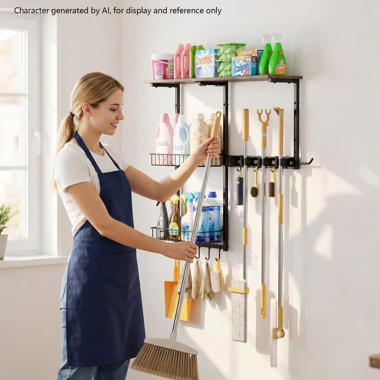 LYYKCCXYY Broom Holder Wall Mount，Mop Rack With Storage Basket,Diversity Laundry Room Cleaning Tool Storage container，Suitable Family Garage Kitchen Organization Wall-Mounted Rack (Black, Medium)