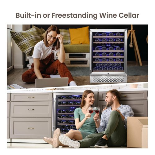 GarveeHome Wine Cooler Refrigerator 51 Bottles - Dual Zone Built-In Freestanding, Safety Lock, Seamless Stainless Steel, Triple Layer Tempered Reversible Glass Doors, 40°F-65°F for Home Bedroom