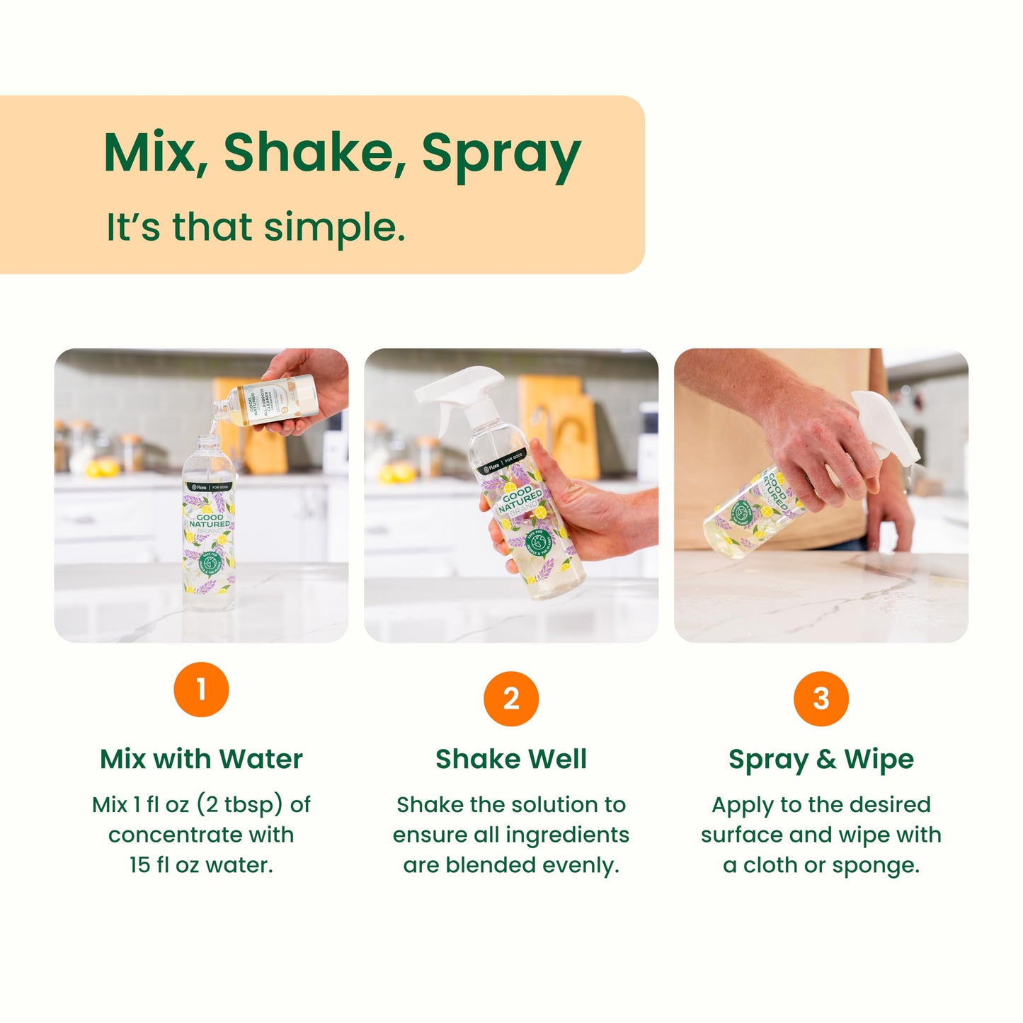 Good Natured Brand All-Purpose Cleaner Concentrate | 8oz makes 128oz | Orange Essential Oil | 16X Concentrated Natural Multi-Surface Cleaner