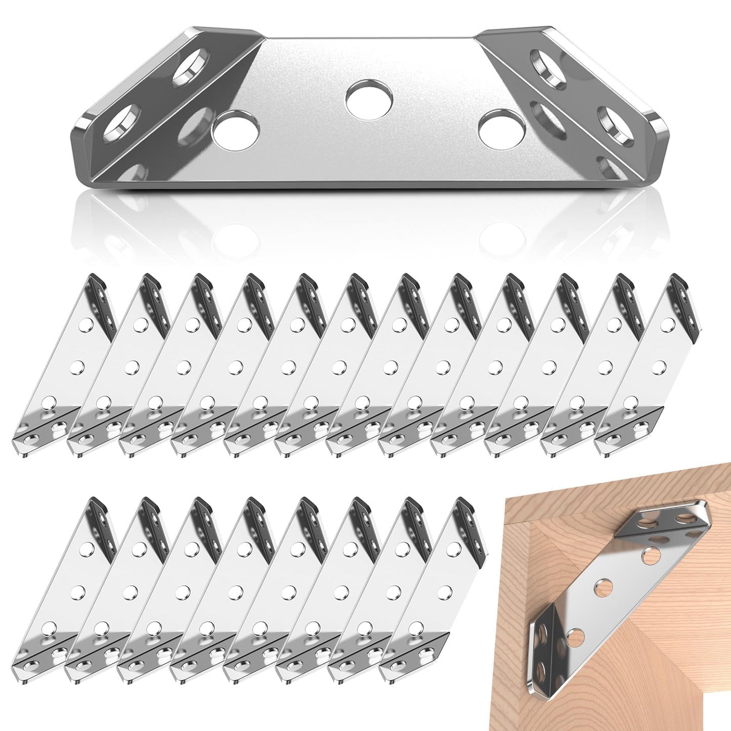 Bigwaves 20pcs Corner Bracket,Universal Stainless Steel Furniture Corner Connector, Heavy Duty Triangular Support Angle Brackets for Wood Furniture, Cabinets, Tables, and Chairs