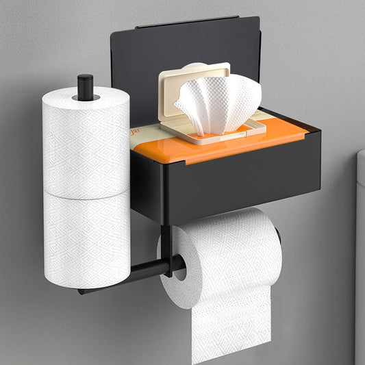 SEHAUSEU Paper Roll Holder, Wall-Mounted Bathroom Tissue Organizer with Storage Shelf, Modern Matte Black, 8.27L x 5.35W inches