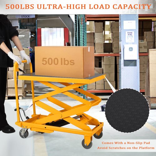 Garvee Double Scissor Hydraulic Lift Table Cart, 500lbs Capacity 48" Lifting Height, Lift Table w/ 4 Wheels and Non-Slip Pad, Elevating Hydraulic Cart for Material Handling and Transportation, Yellow