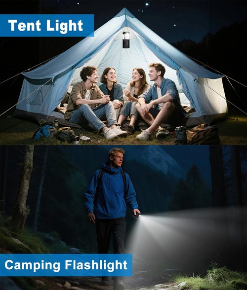 Camping Lantern Rechargeable, 2-in-1 Solar Flashlight & Tent Light, Emergency Camping Flashlight, Hanging Lanterns for Power Outages, Black 4 Pack