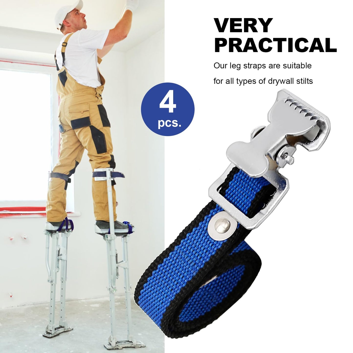 4PCS Drywall Stilts Straps, Adjustable Drywall Foot Band Straps Kit,Replacement Part for Stilts, 4 Shoe Straps + 8 Screws + 8 Spacers, Blue