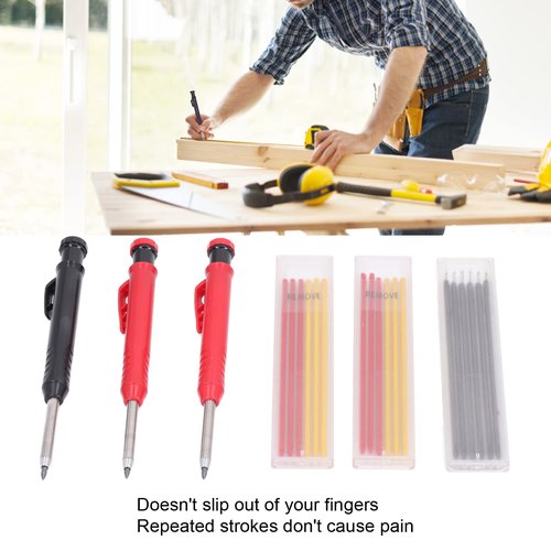 Solid Carpenter Pencil Set with Refill, Long Nosed Deep Hole Marker for Construction, Heavy Duty Woodworking Pencils