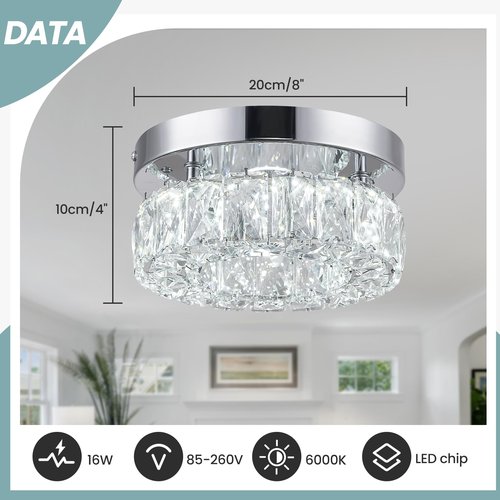 7.9 Inch Modern Mini Crystal Chandelier LED Flush Mount Ceiling Light - 16W 6000K Cool White, Round Crystal Lamp for Hallway, Kitchen, Bathroom, Bedroom, Laundry (Room) and Dining Room Lighting