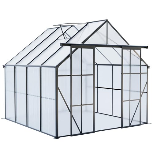 8x8 FT Outdoor Greenhouse, Heavy Duty Polycarbonate Green House with Raised Base and Double Sliding Doors, Aluminum Walk-in Greenhouses with Adjustable Roof for Outdoor Backyard, Black