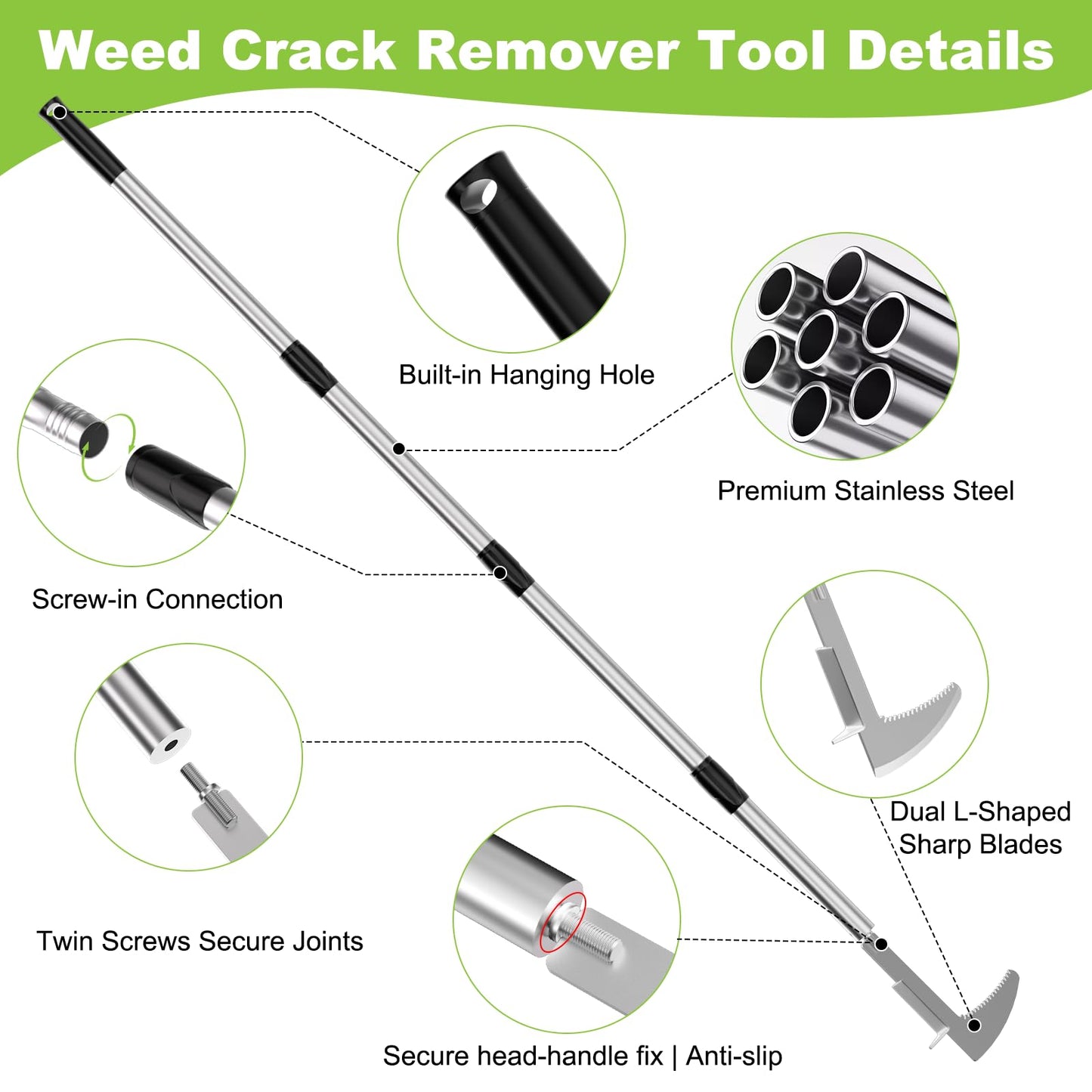 Crack Weeder, Stainless Steel Crevice Weeding Tool with 22'' to 64'' Adjustable Long Handle, L-Shaped Manual Weed Puller Spatula, Weed Remover Gardening Tool for Sidewalks Driveways Patio Pavers Rocks