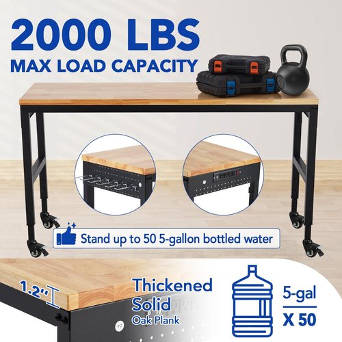 Adjustable Workbench 75' x 25', 2000 Lbs Load Capacity, 29.5"-38.4" Heights Garage Worktable with Universal Wheels & Power Outlet, Heavy-Duty Table for Workshop Office Home Commercial