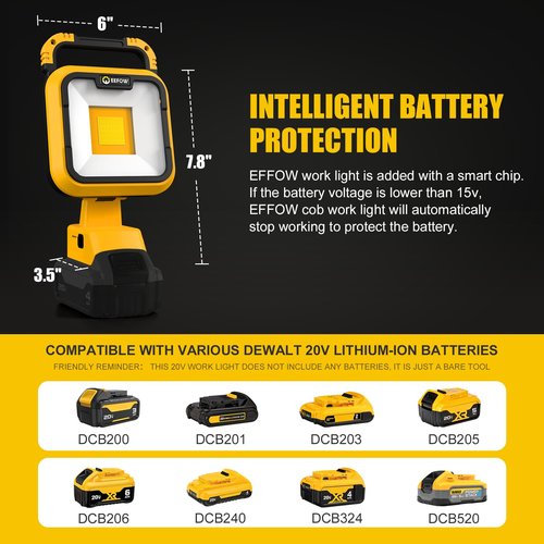 EEFOW Work Light for Dewalt Battery: Portable 2 COB Lamp 6400Lumen Bright - 64W LED Lighting for Dewalt 18V 20V Max Battery Operated Worklight for Outdoor Construction