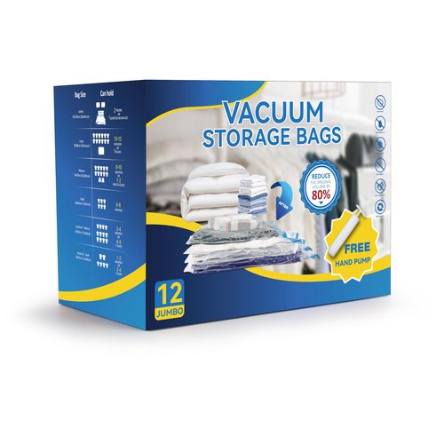 12 Jumbo Compression Storage Bags, Vacuum Storage Bags, Space Saver Bags for Comforters, Blankets, Bedding, Pillows and Clothes Storage, Hand Pump Included