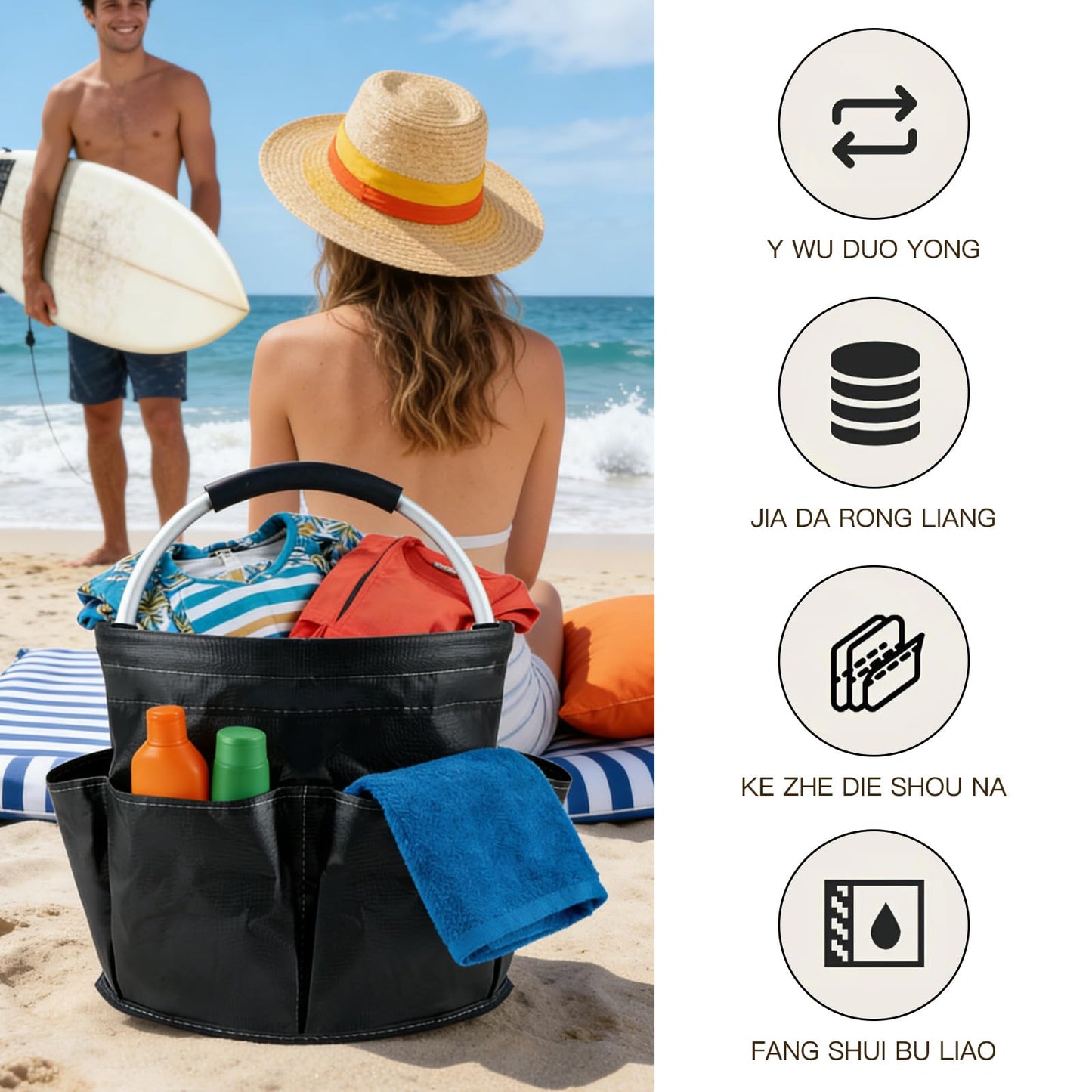 Tool Bucket Organizer 2-Pack, 17L Foldable Cleaner Caddy with 6 Pockets，Handle for Garden、Family and Bathroom, Can Also be Used as a Beach Basket or Shopping Basket，Black+Navy Blue