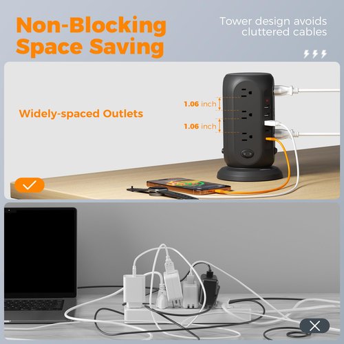 Black Surge Protector Power Strip with 4 Individual Switches, TESSAN USB C Charging Station Power Tower with Flat Extension Cord 10 Ft, 12 Outlets Black Extension Cord, Dorm Room, Office Accessories