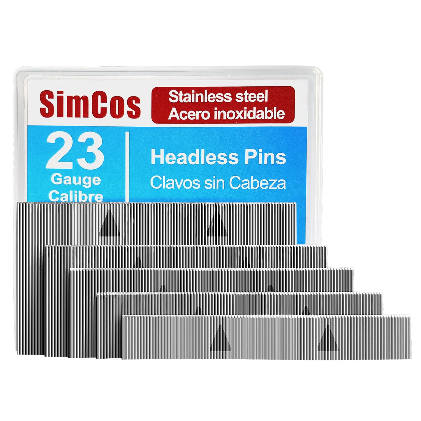 SimCos 23 Gauge Stainless Steel Pin Nails Headless Pinner Nails (3/8",9/16",3/4",1",1-3/8") Assorted 5 Sizes for Molding Cabinetry Building Assembly (5000)